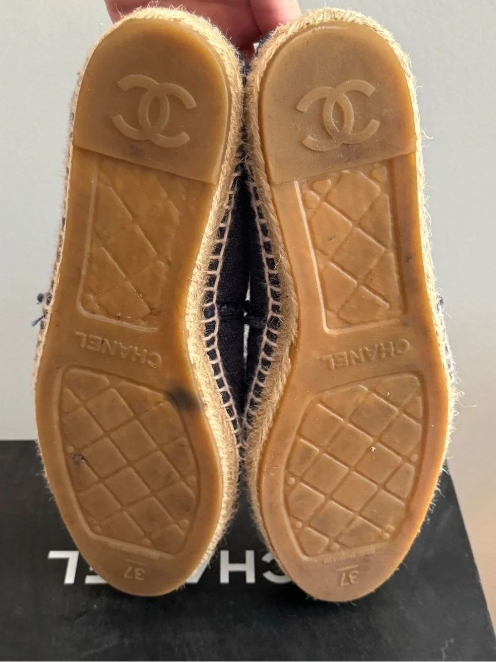 CHANEL Blue Canvas Espadrille Slip-Ons with Black Toe Caps